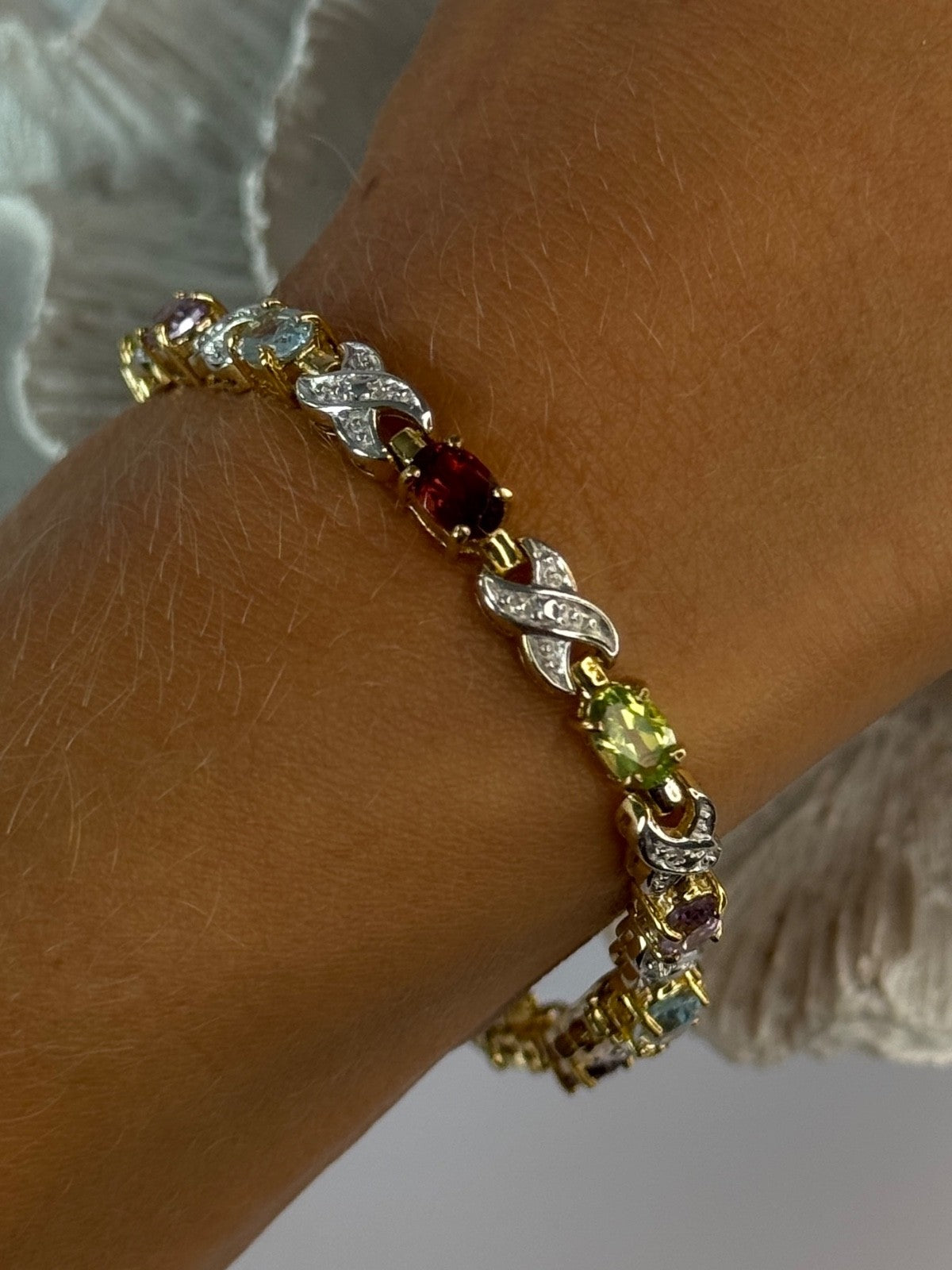 925 Sterling Silver Gold Plated Multi Color Gemstones Bracelet Length 7.5