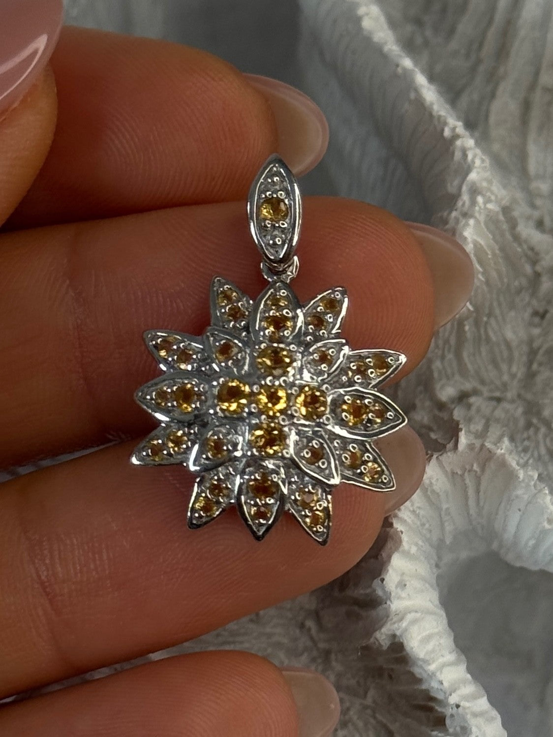 925 Sterling Silver Citrine Flower Pendant Length 1.15 Inch