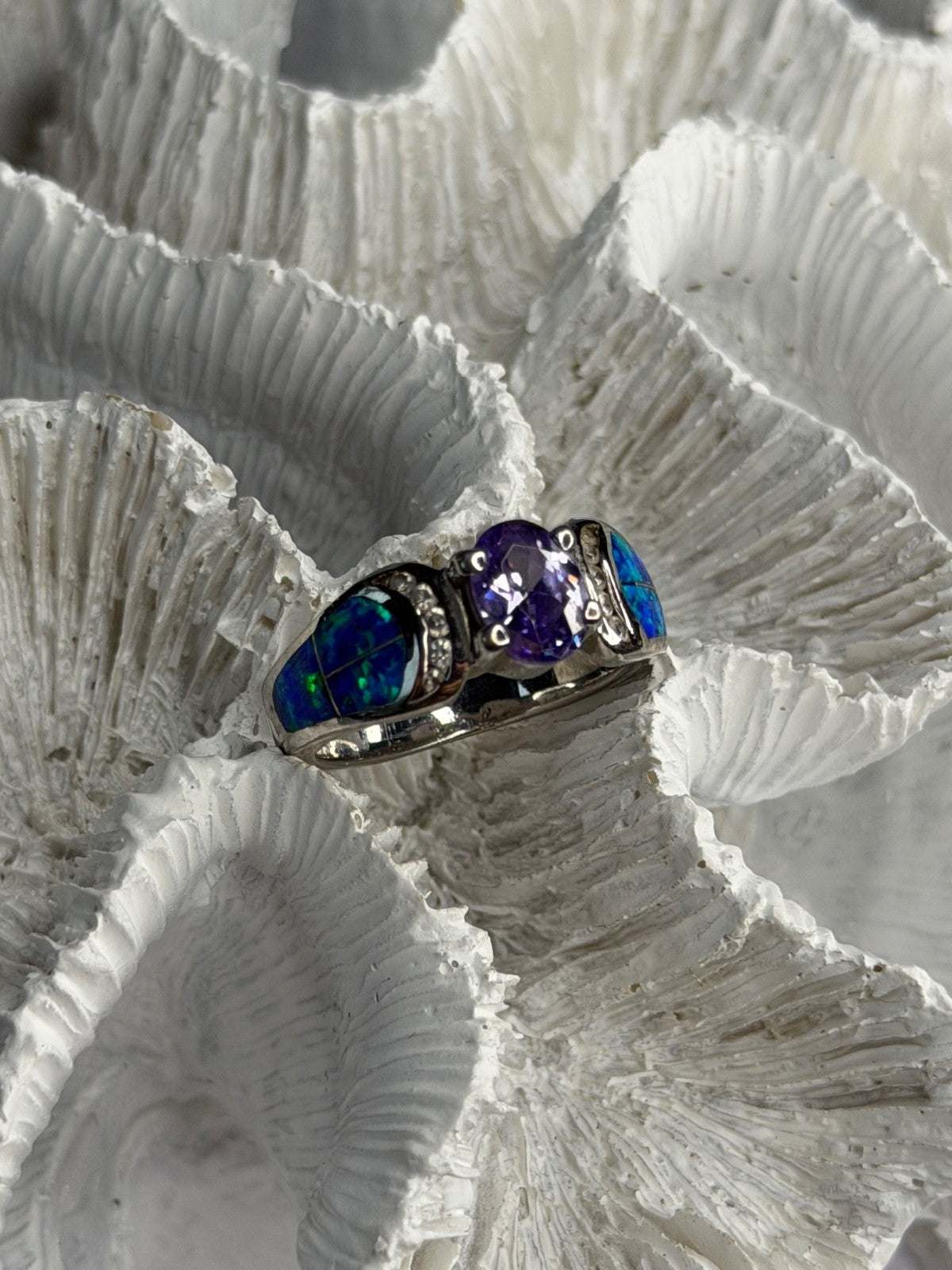 AK 925 Sterling Silver Amethyst & Opal & Beryl Ring Size 8