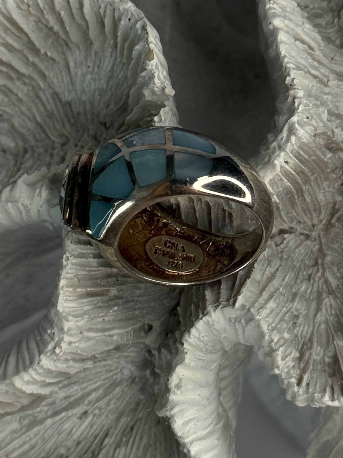 925 Sterling Silver Beautiful Blue Abalone & Topaz Ring Size 6