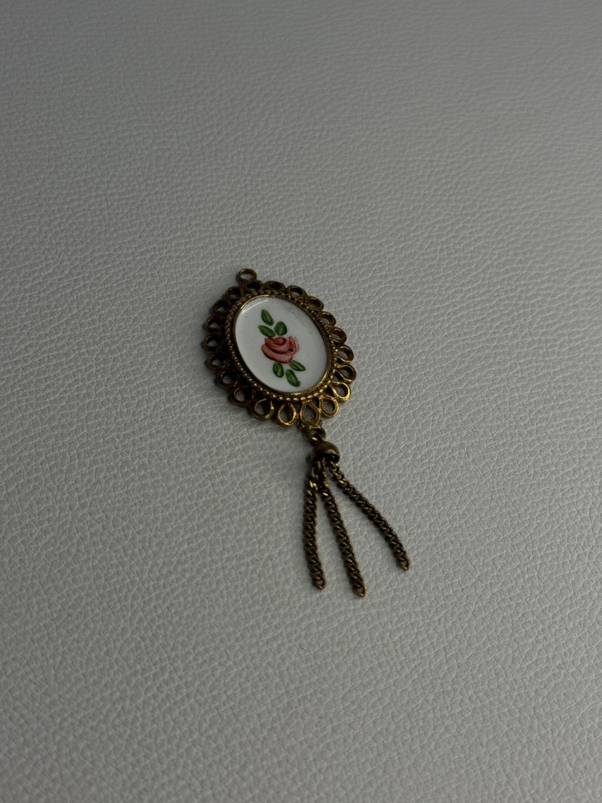 Vintage 925 Sterling Silver Gold Plated Pink Enamel Rose Pendant Length 2.5 Inch
