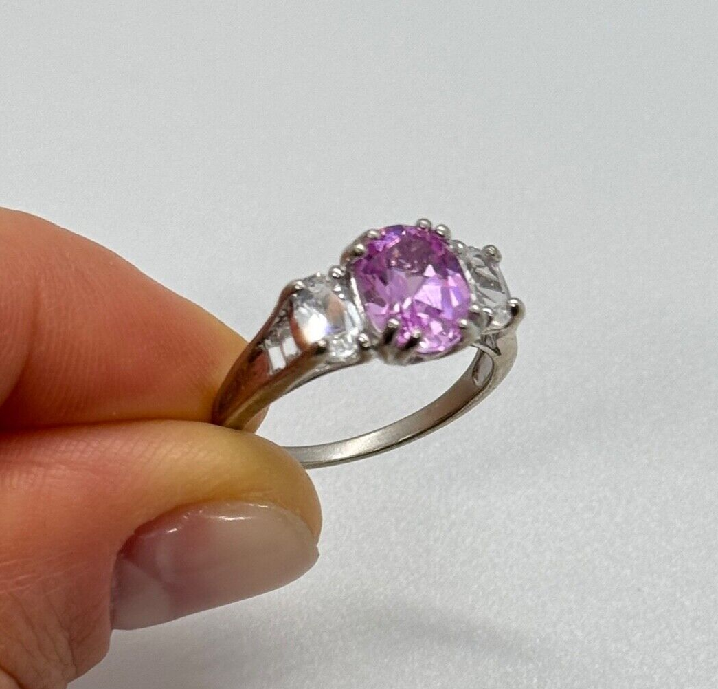 925 Sterling Silver Pink & White Spinel Ring Size 6