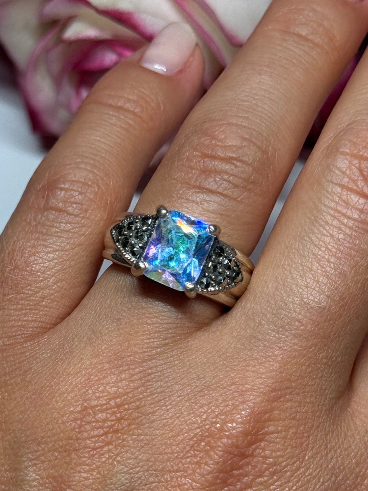 925 Sterling Silver CZ & Marcasite Ring Size 6