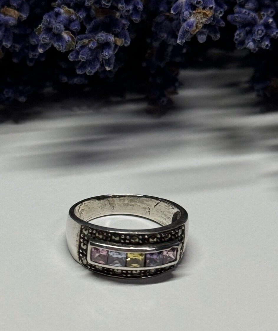 Vintage 925 Sterling Silver Tourmalines & Marcasite Ring Size 8