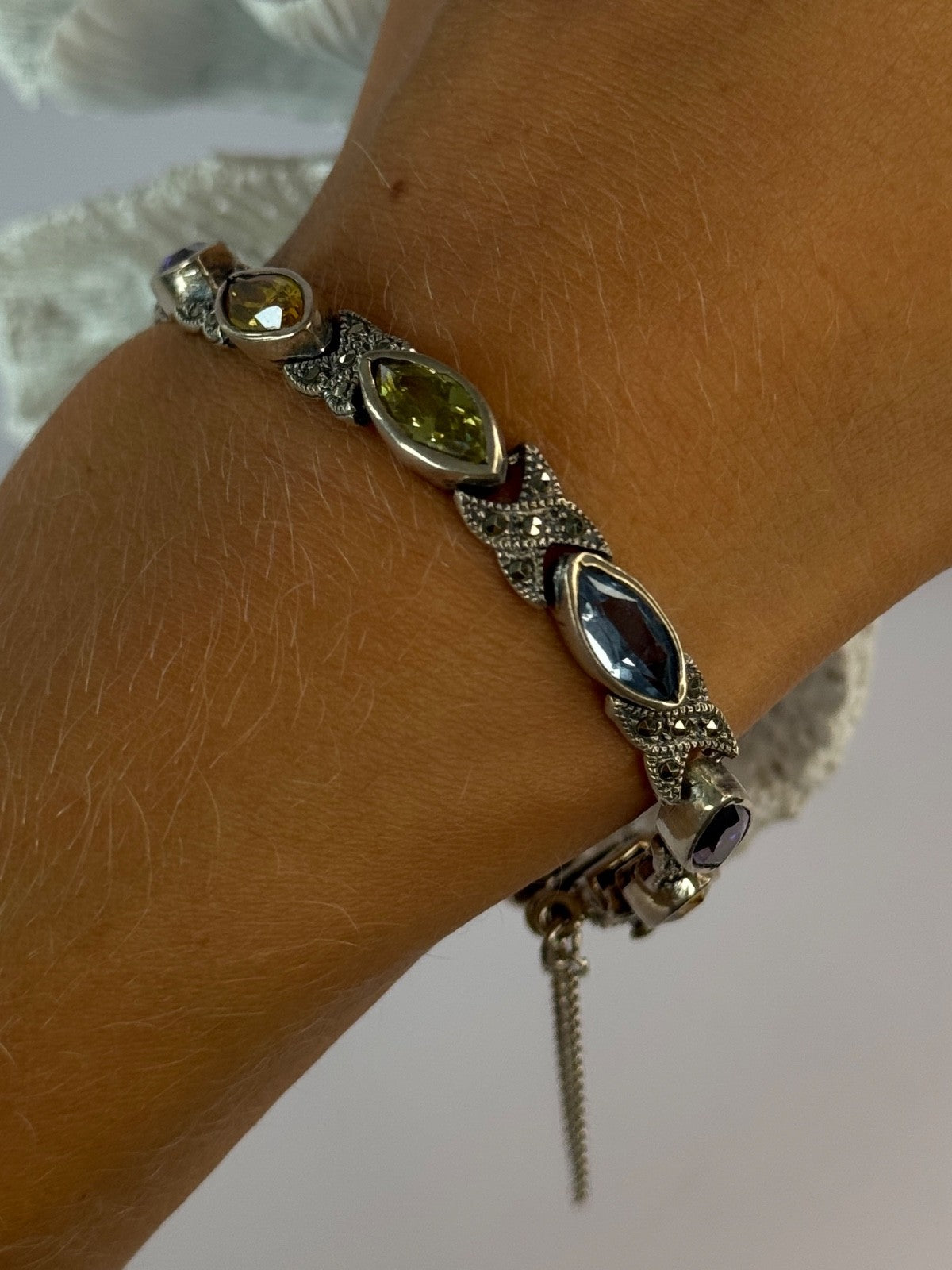 Vintage 925 Sterling Silver Multi Color Gemstones Bracelet Length 7