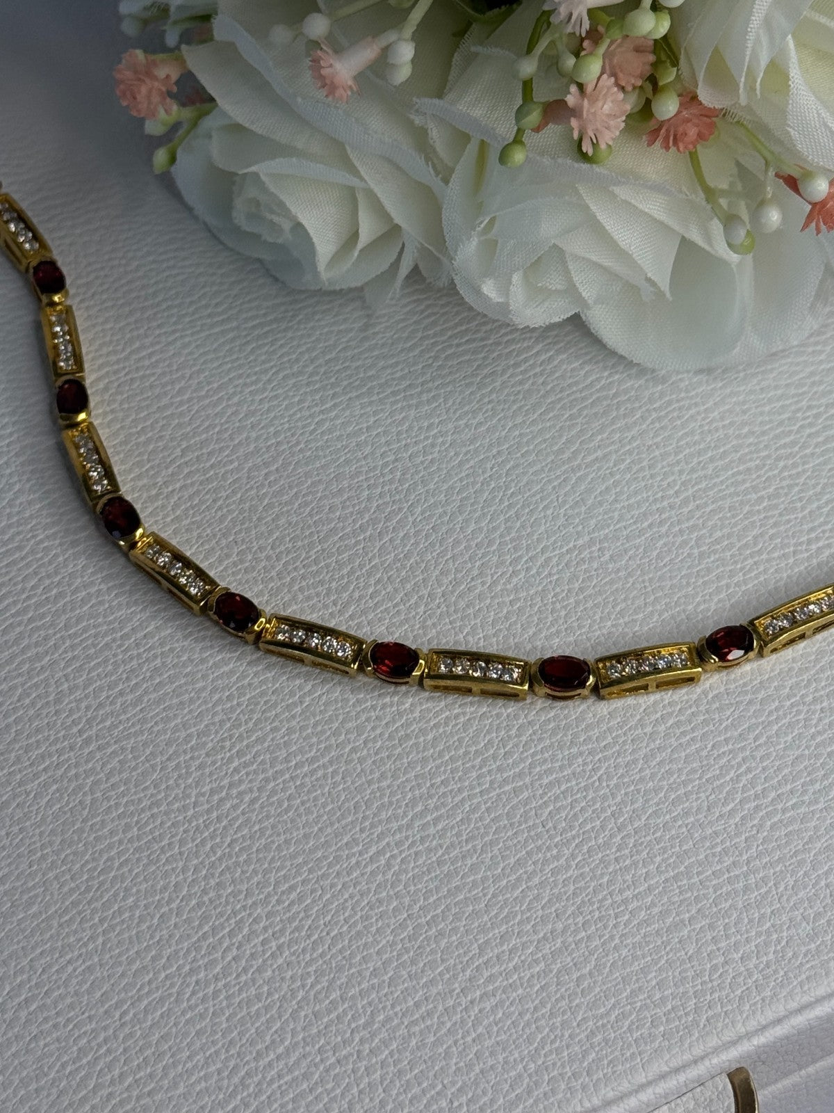 925 Sterling Silver Gold Plated Jjt Garnet & CZ Bracelet Length 7.5