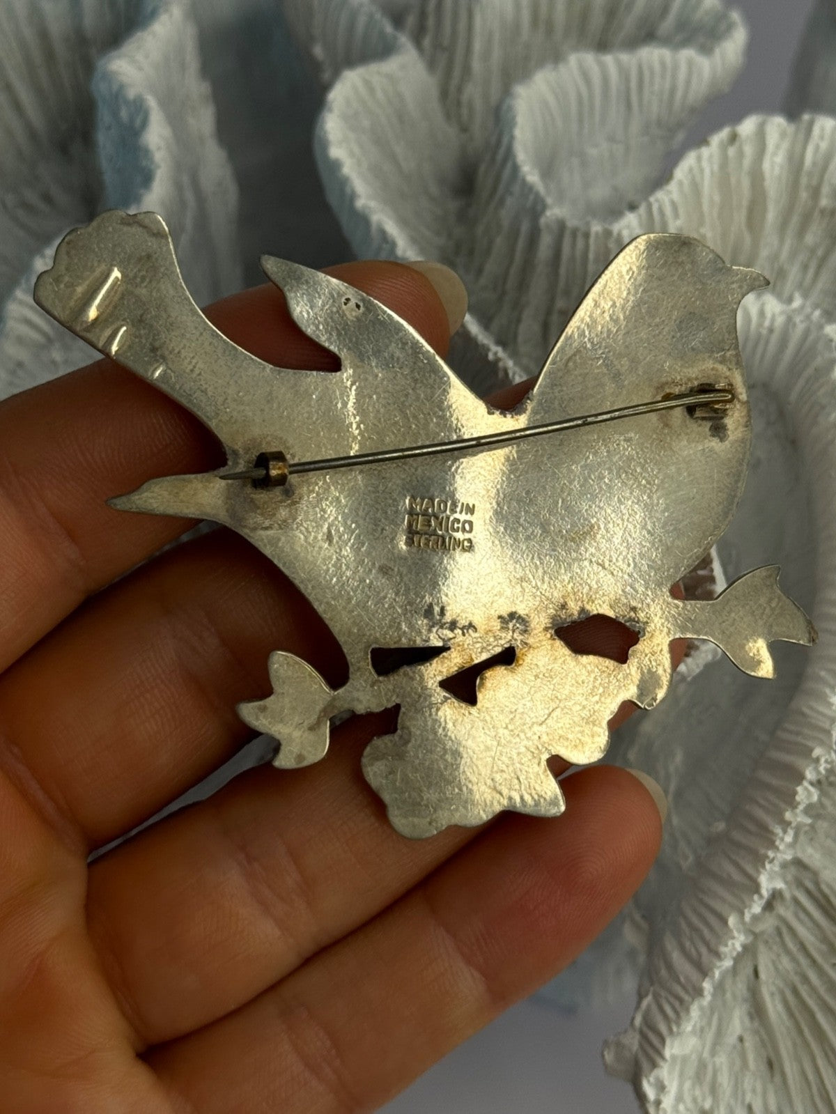 925 Sterling Silver Brooch Turquoise Birds Length 2.20 Inch