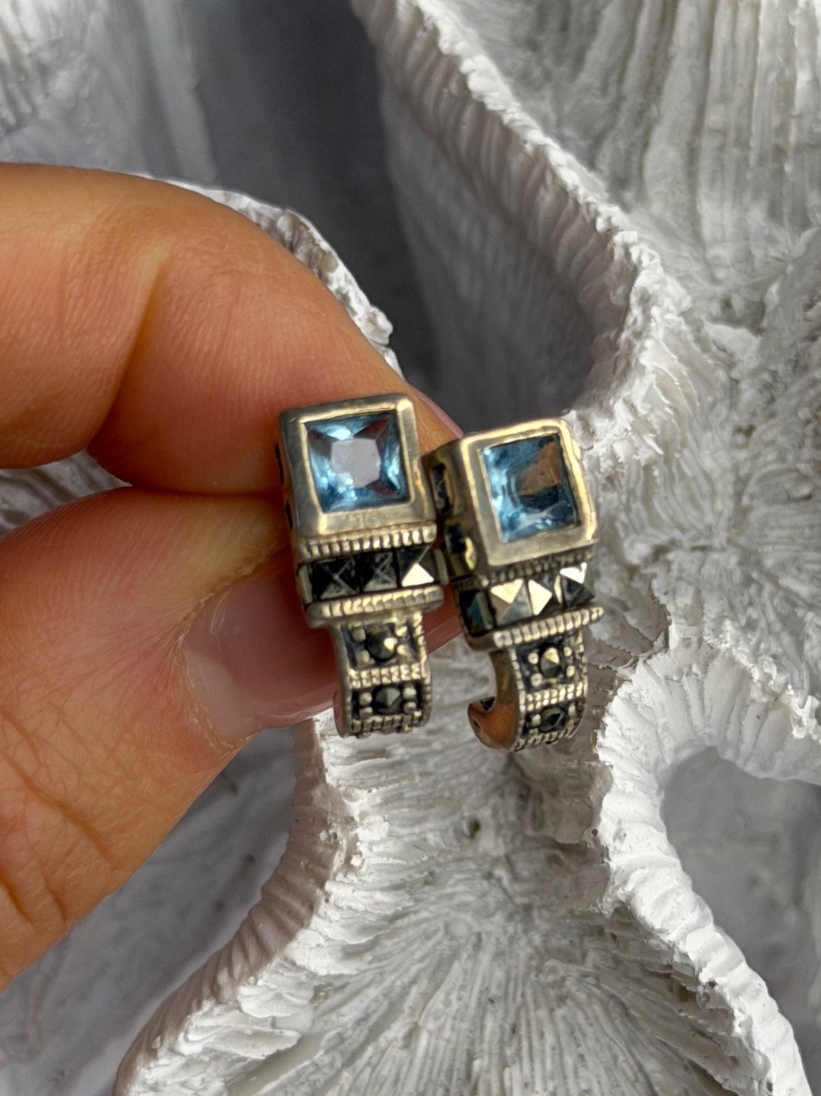 Vintage 925 Sterling Silver Blue Topaz & Marcasite Earrings