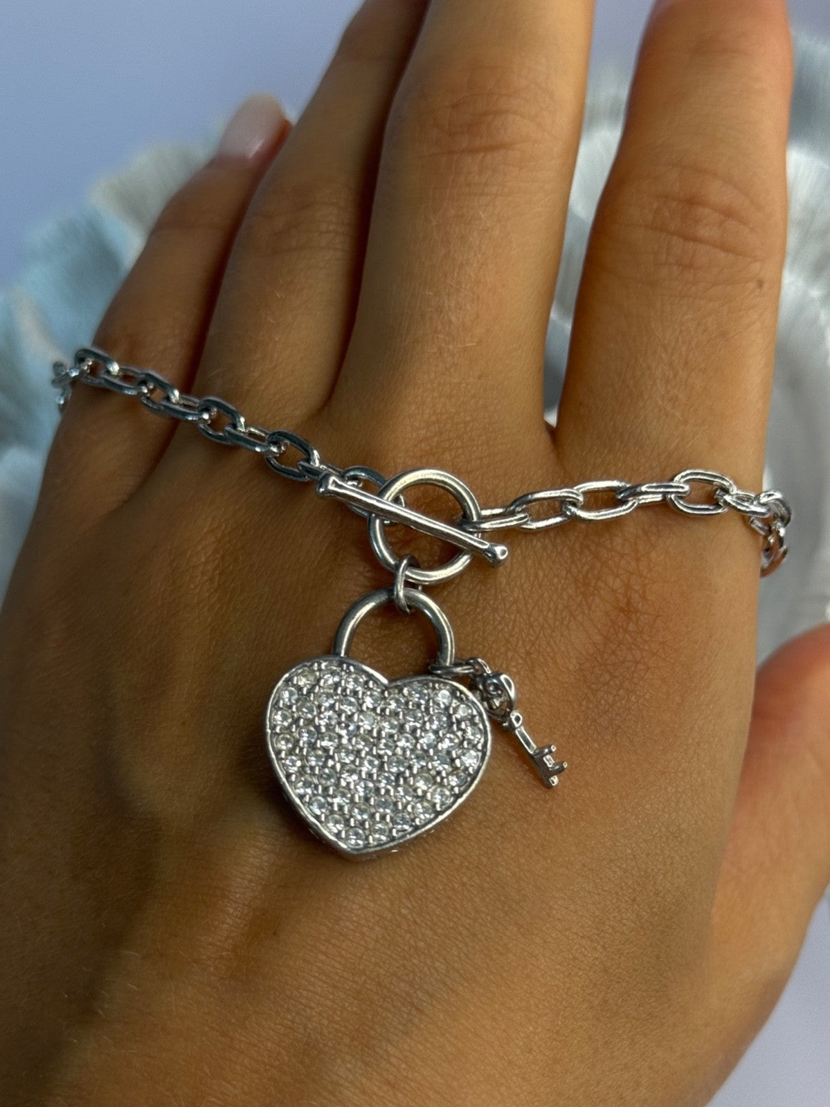 925 Sterling Silver Heart & Key CZ Bracelet Length 7.5