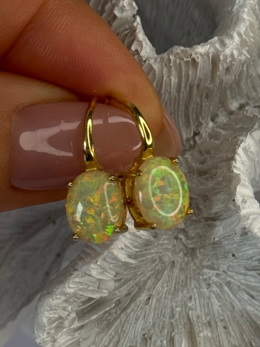 925 Sterling Silver Gold Plated Opal Earrings Length 0.70 Inch