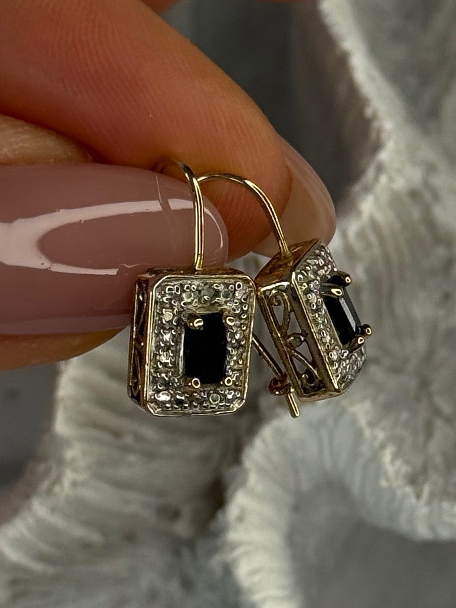 925 Sterling Silver Gold Plated Sapphire Earrings Length 0.70 Inch