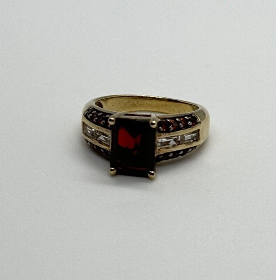 925 Sterling Silver Gold Plated Garnet & Goshenite Ring Size 6