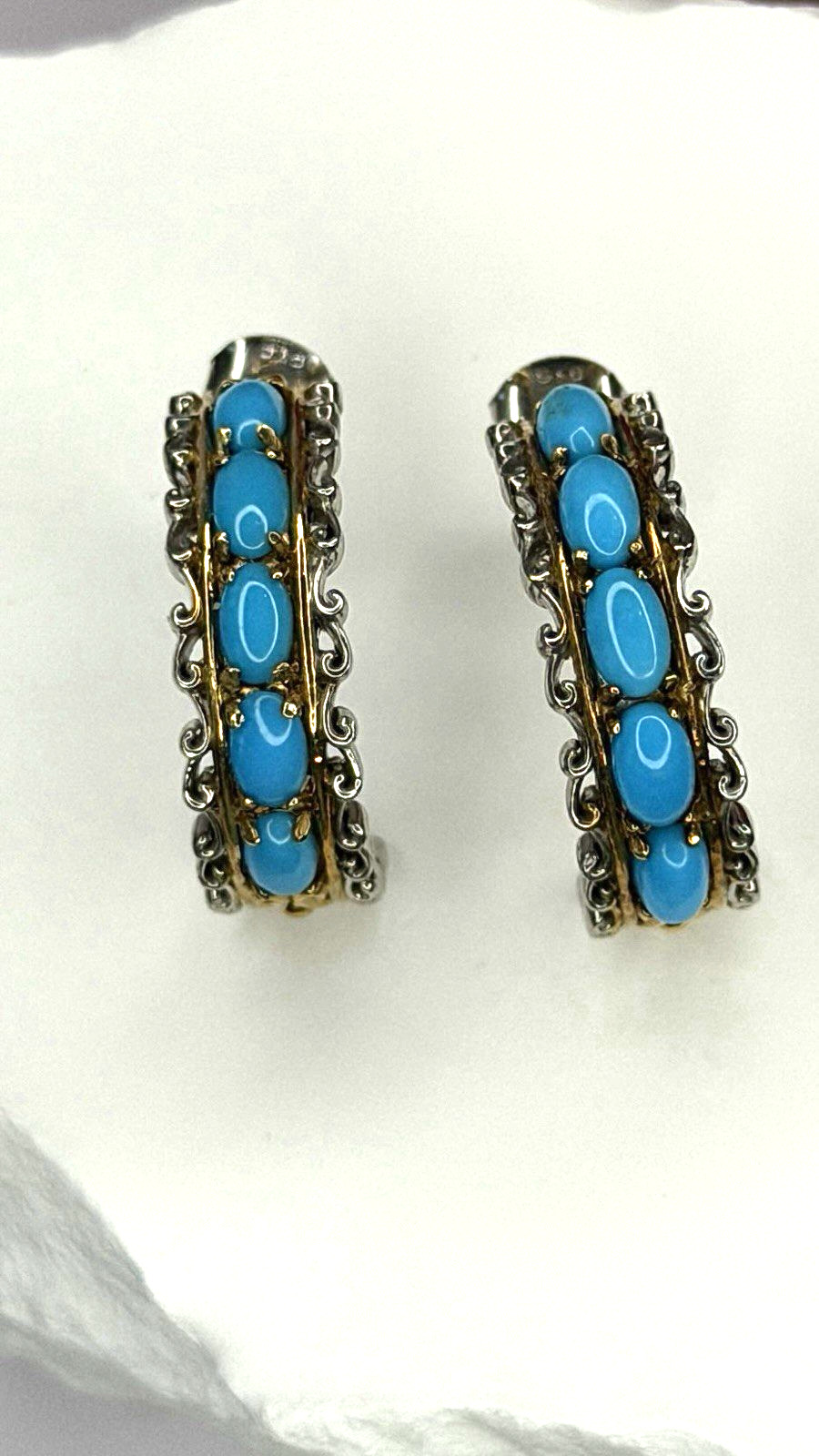 925 Sterling Silver Gold Plated Part Blue Turquoise Earrings
