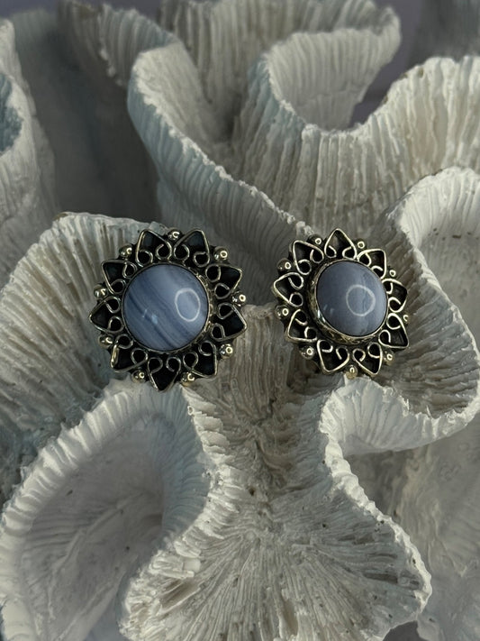 925 Sterling Silver Blue Agate Sun Earrings Length 0.90 Inch