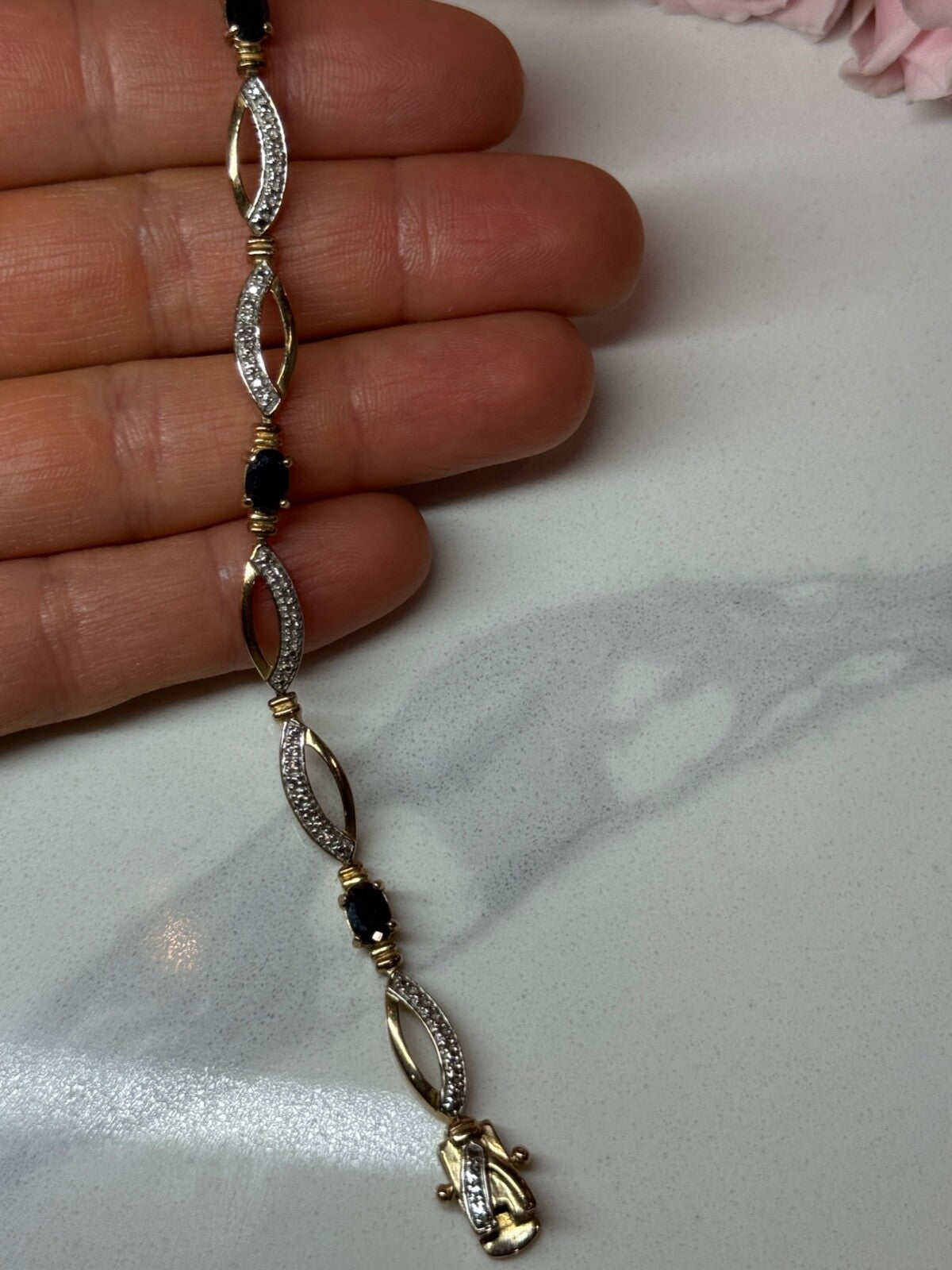 925 Sterling Silver Gold Plated Sapphire Bracelet Length 7.5 in