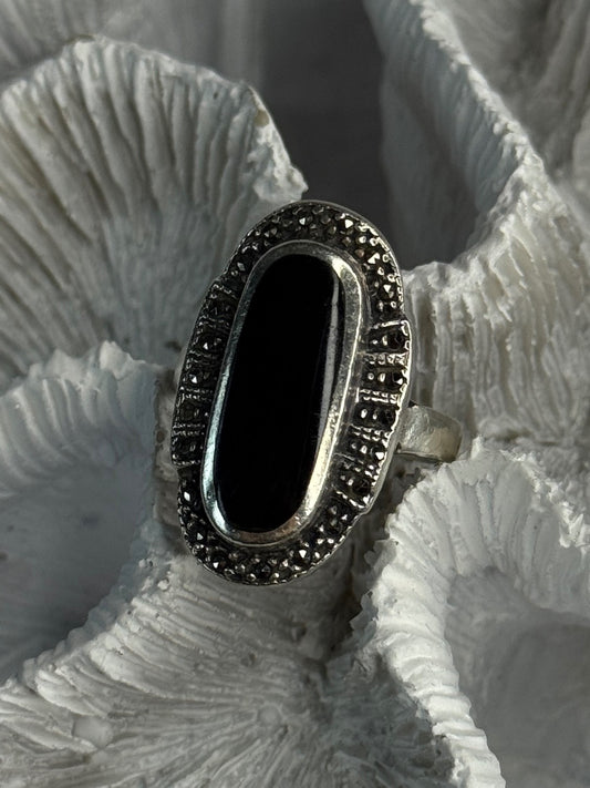 Vintage 925 Sterling Silver Onyx & Marcasite Ring Size 6.5