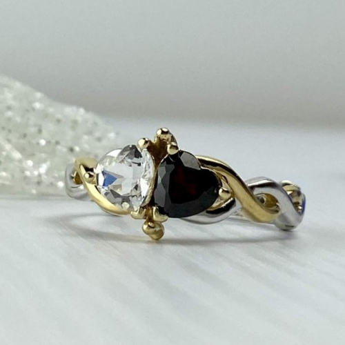 925 Sterling Silver Gold Plated Almandine & Spinel "Hearts" Ring Size 11.75
