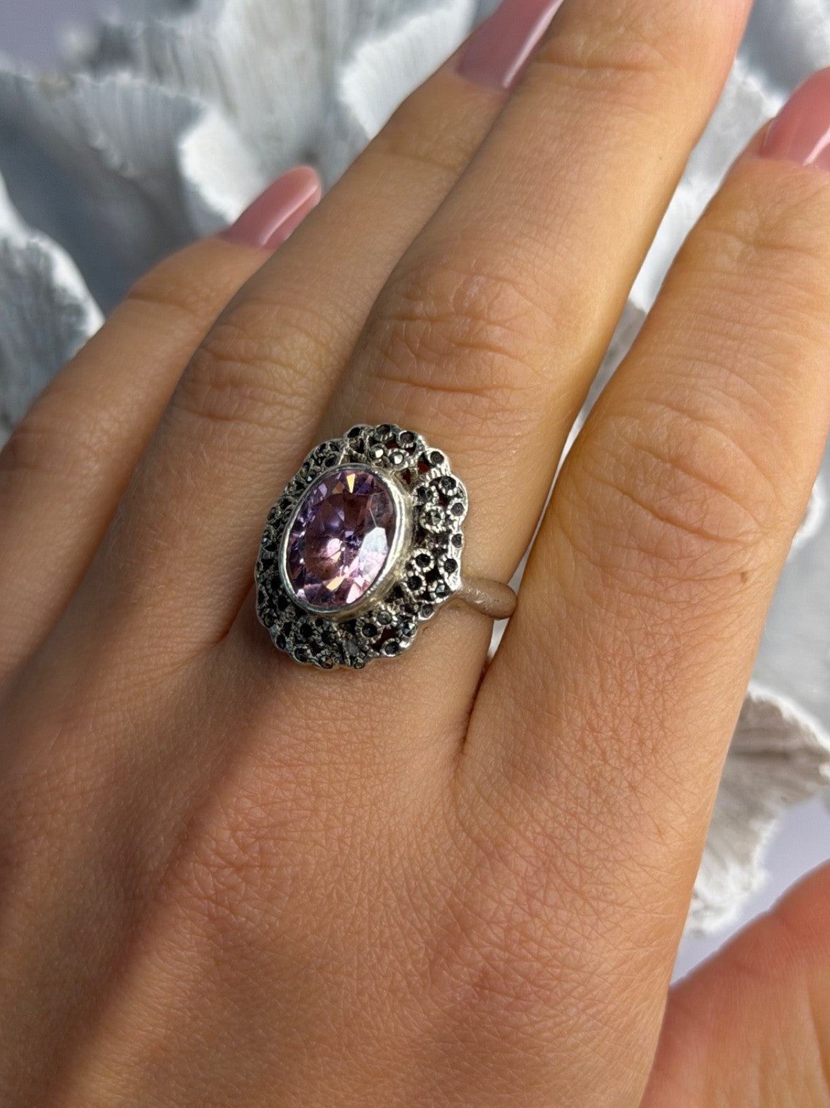 Vintage 925 Sterling Silver Morganite & Marcasite Ring Size 7