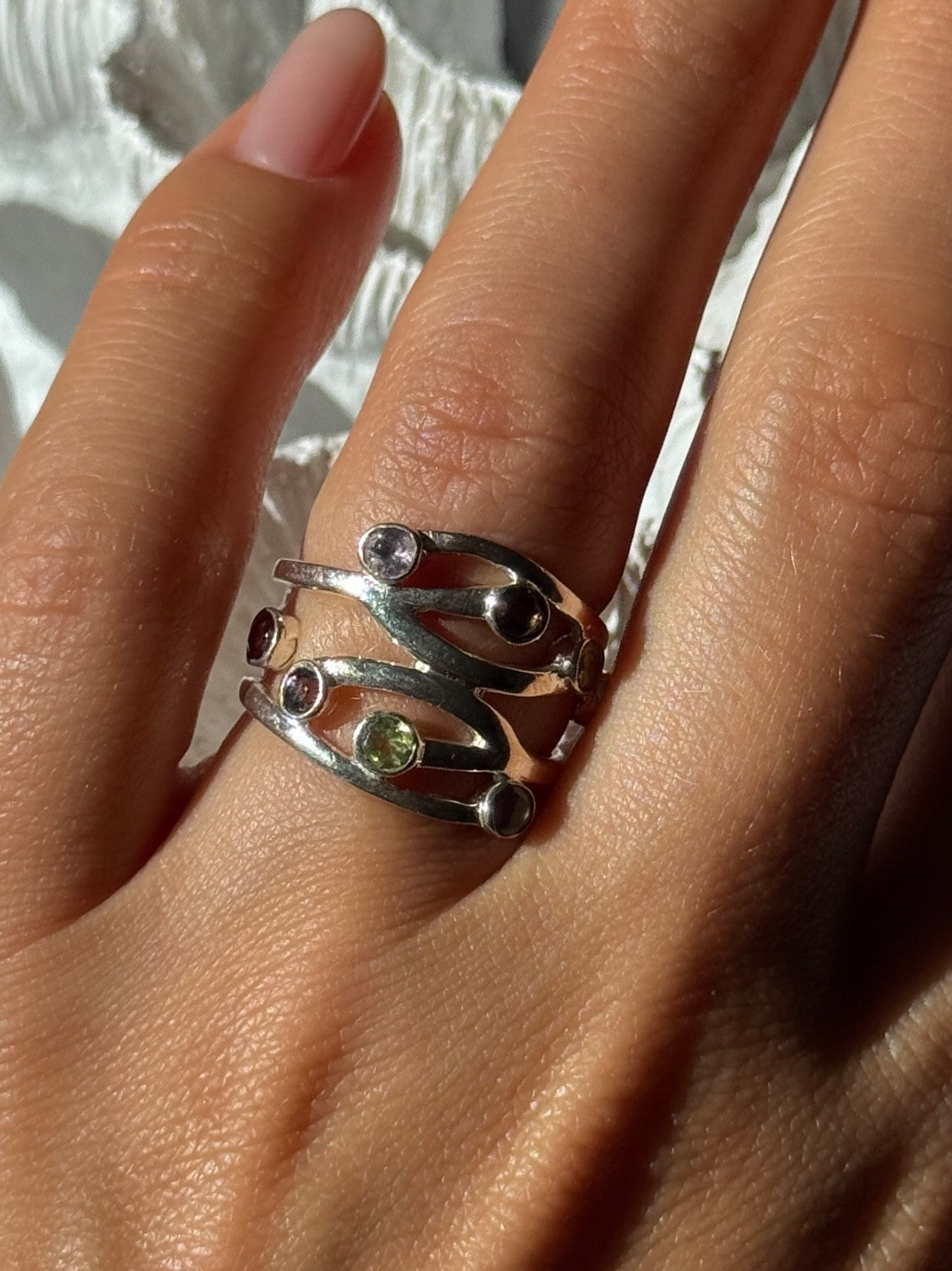 925 Sterling Silver Multi Color Tourmaline Ring Size 6.5