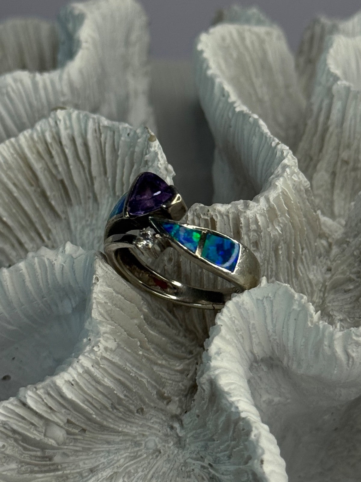 925 Sterling Silver Amethyst & Beryl & Opal Ring Size 7