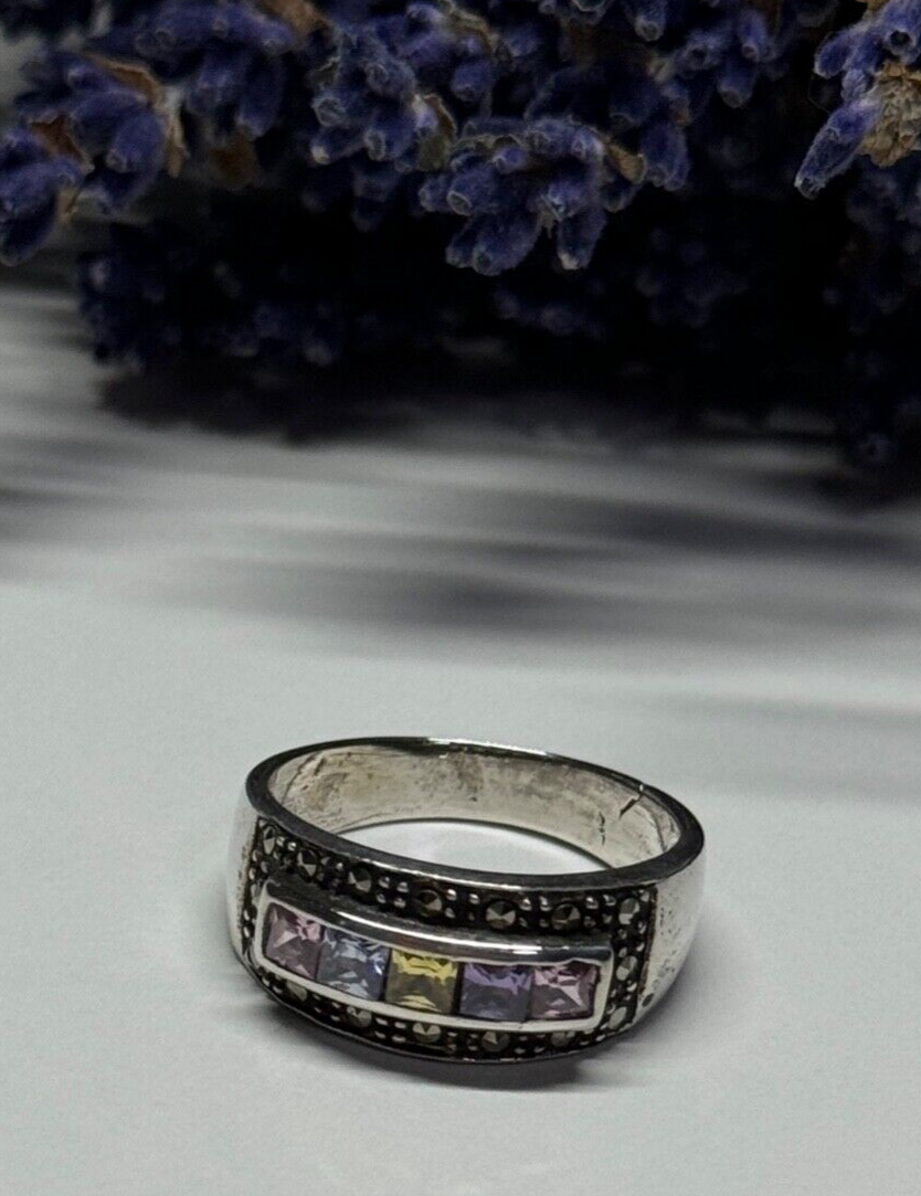 Vintage 925 Sterling Silver Tourmalines & Marcasite Ring Size 8