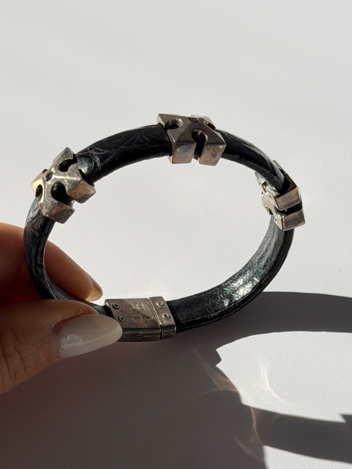 Pat Pend Leather & 925 Sterling Silver Black Agate Bracelet