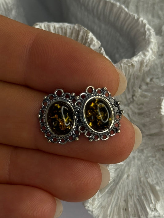 Vintage 925 Sterling Silver Amber Earrings Length 0.60 Inch