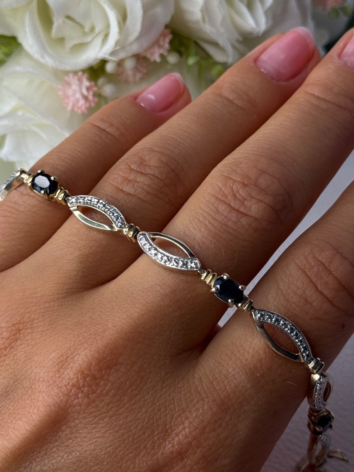 Dl 925 Sterling Silver Gold Plated Sapphire Bracelet Length 7.5 Inch