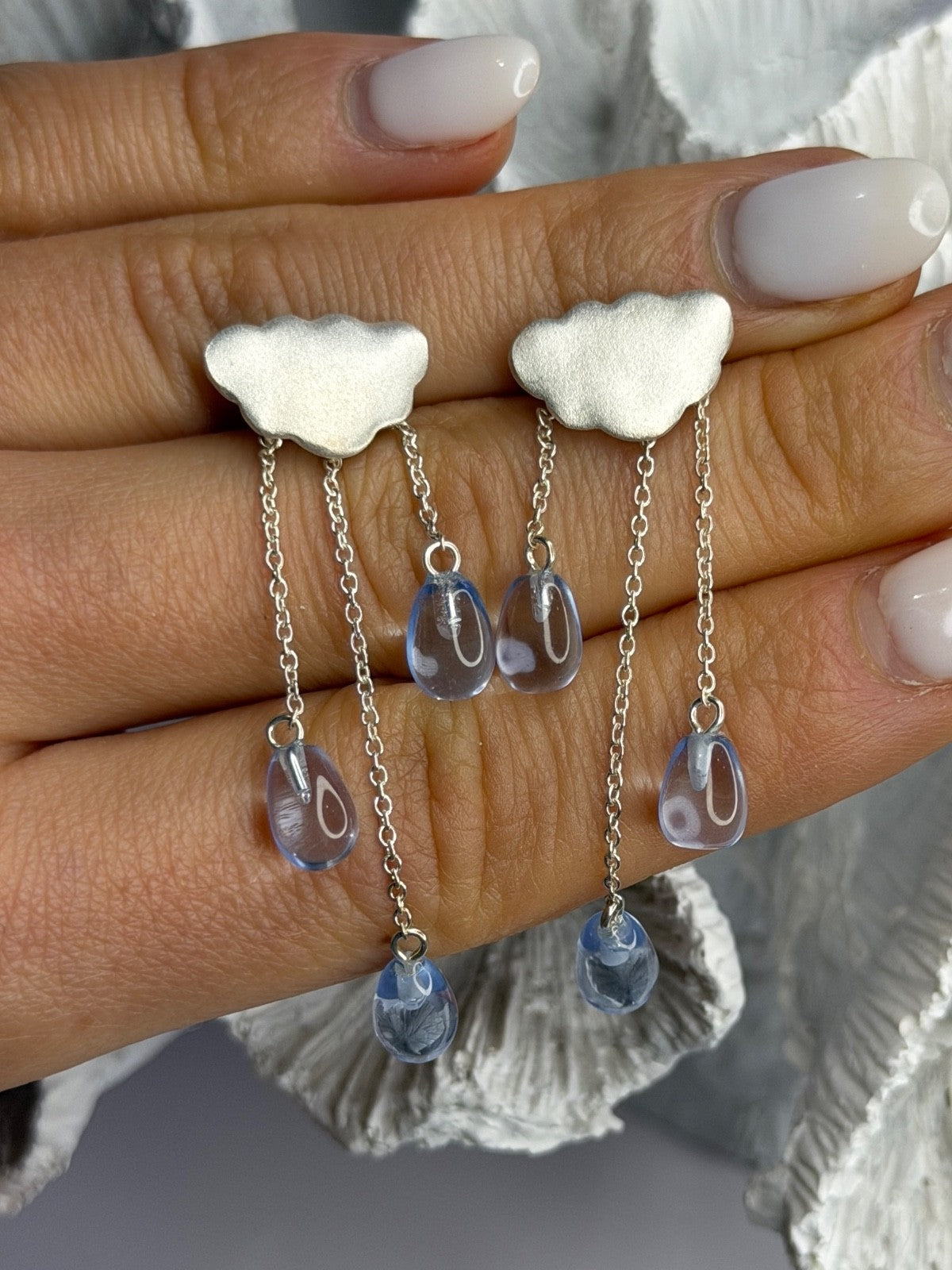 Cloud Tassel Raindrops 925 Sterling Silver Blue Crystal Earrings