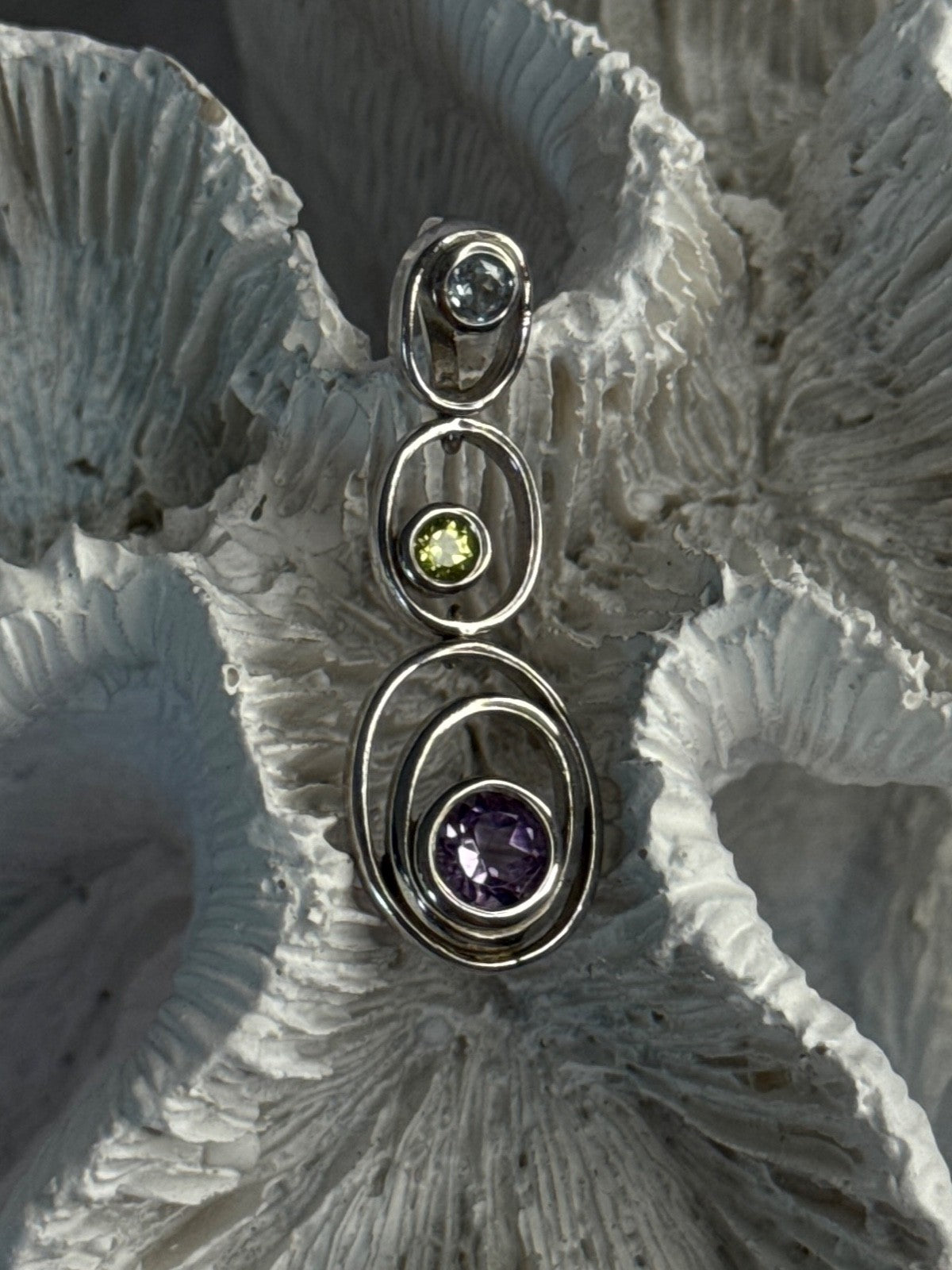 925 Sterling Silver Amethyst & Peridot & Topaz Pendant Length 1.30 Inch