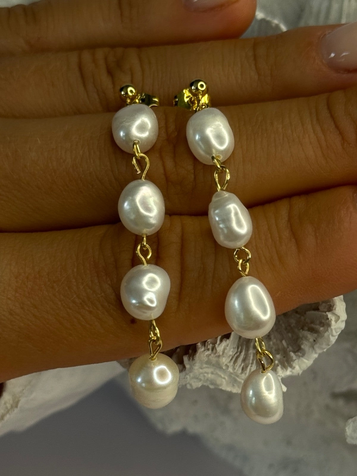 925 Sterling Silver Gold Plated Pearl Earrings Length 2.30 Inch