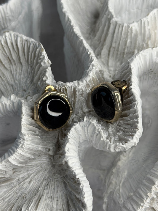 Vintage 925 Sterling Silver Black Onyx Clip-On Earrings