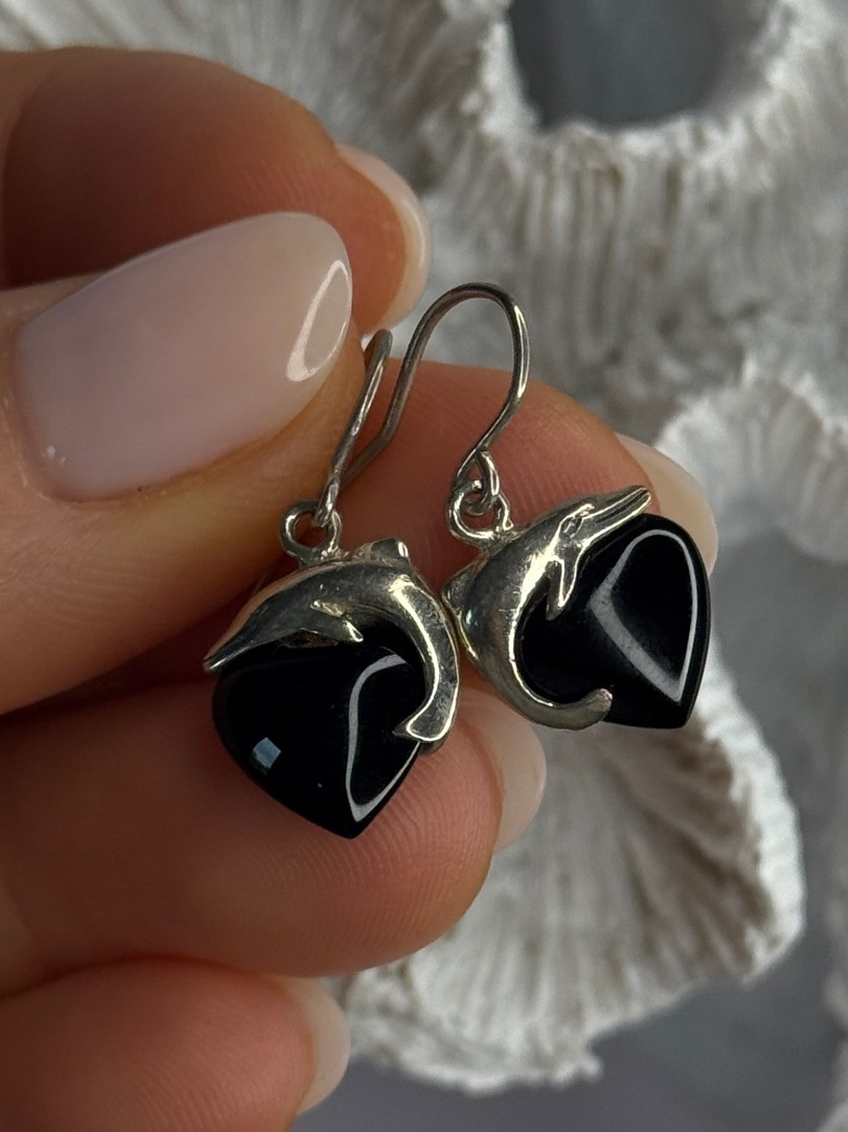 925 Sterling Silver Onyx Heart Dolphin Earrings Length 0.90 Inch