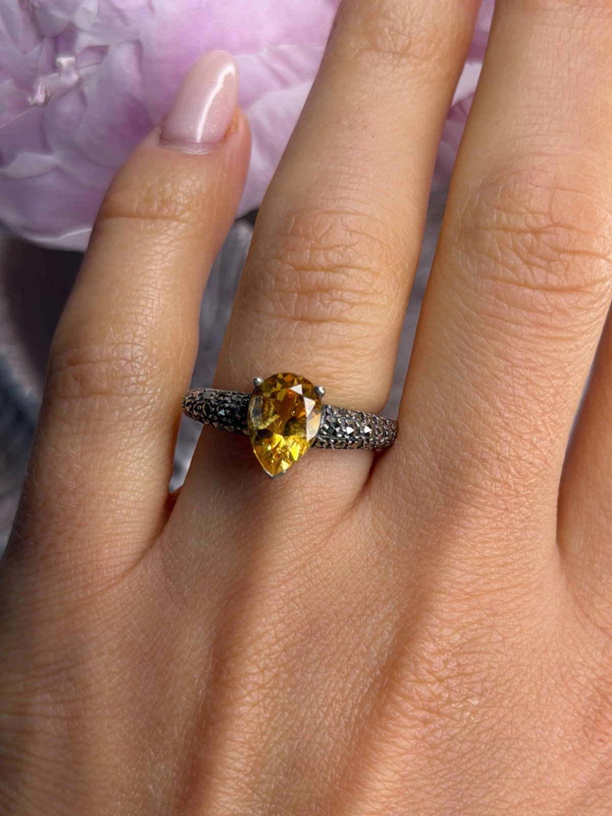 925 Sterling Silver Citrine & Marcasite Ring Size 7