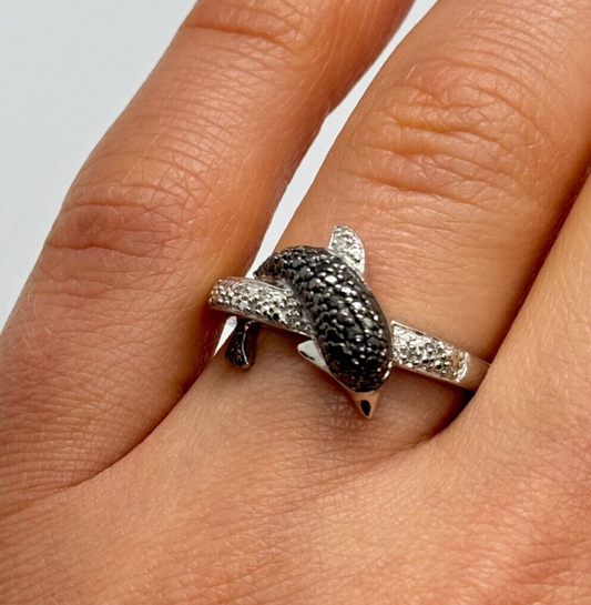925 Sterling Silver Marcasite & CZ Dolphin Ring Size 6