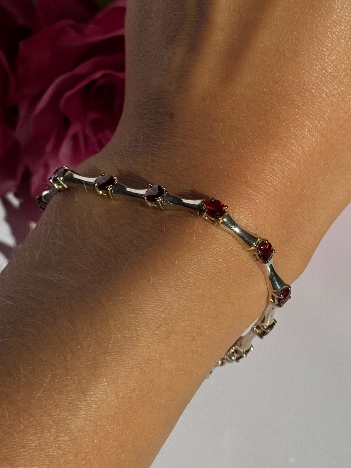 925 Sterling Silver Garnet Bracelet 7 Inch