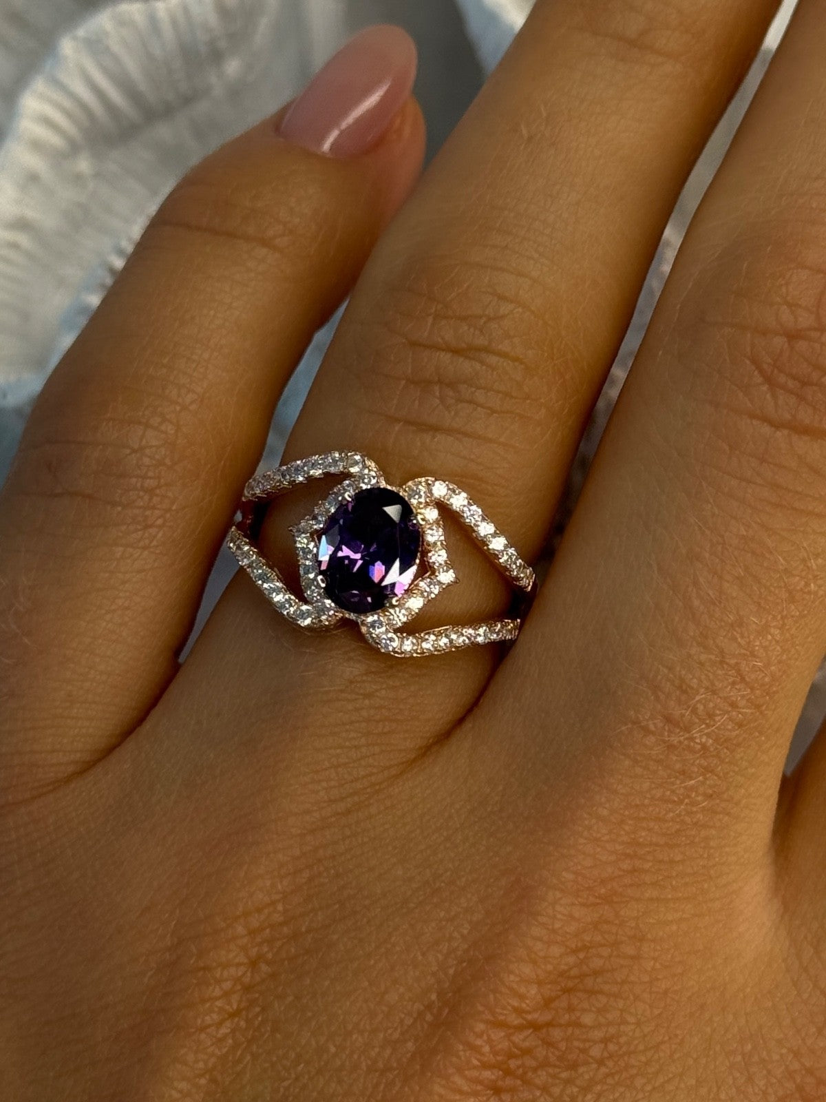 Rose Gold Plated 925 Sterling Silver Amethyst & Cz Ring Size 6