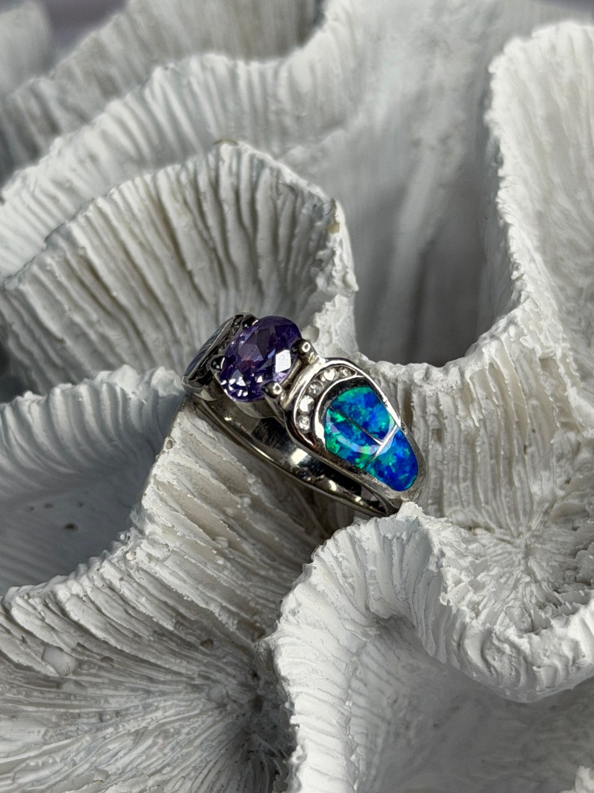 AK 925 Sterling Silver Amethyst & Opal & Beryl Ring Size 8
