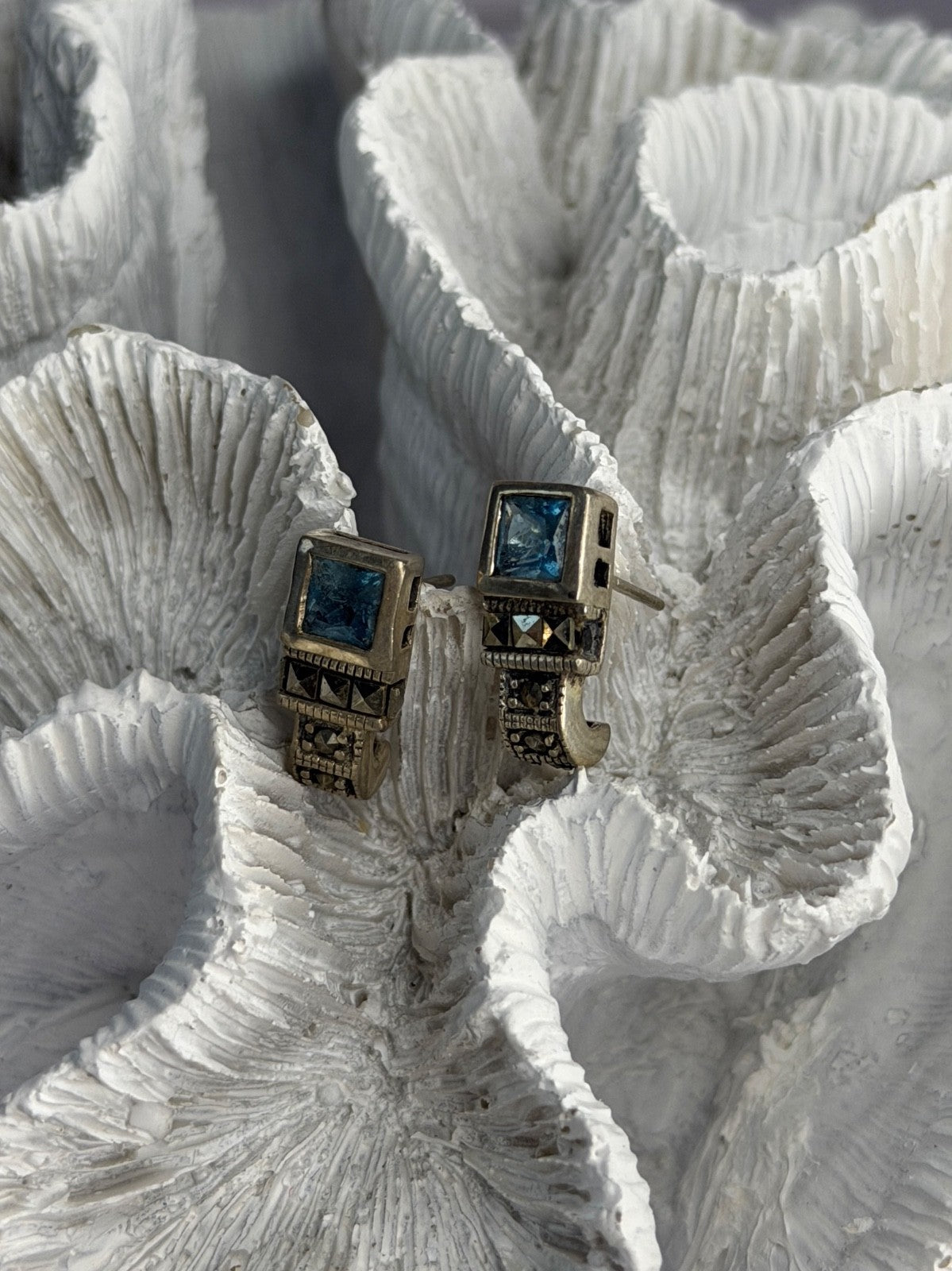 Vintage 925 Sterling Silver Blue Topaz & Marcasite Earrings