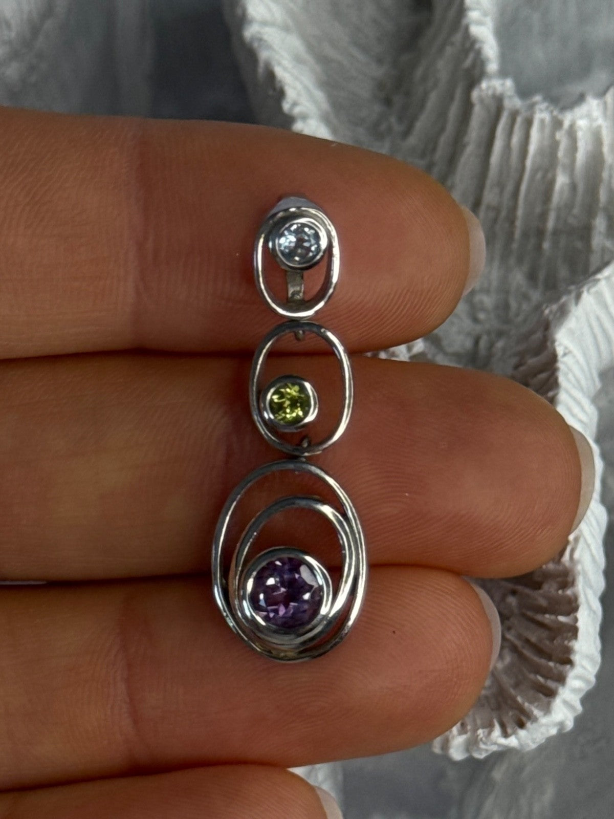 925 Sterling Silver Amethyst & Peridot & Topaz Pendant Length 1.30 Inch