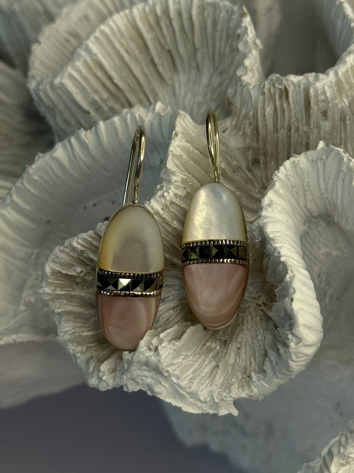 925 Sterling Silver Abalone & Marcasite Earrings Length 1.25 Inch