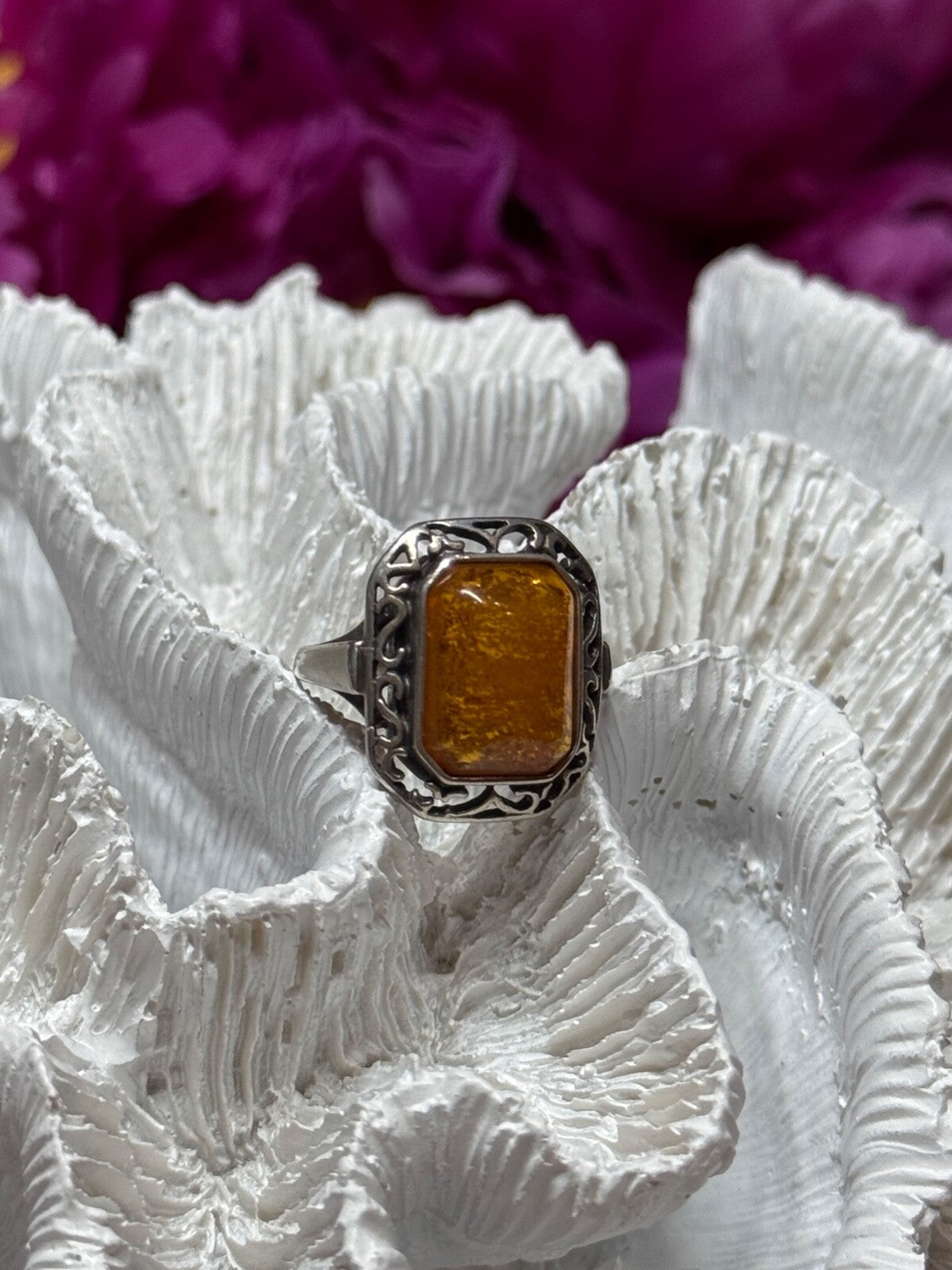 925 Sterling Silver Amber Ring Size 5