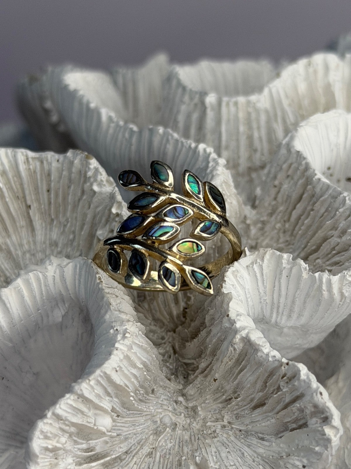 925 Sterling Silver Leaf Abalone Ring Size 8.5