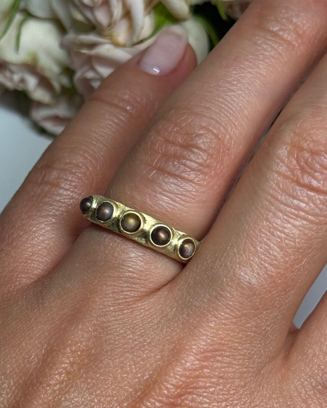 925 Sterling Silver Gold Plated Pearls Ring Size 6