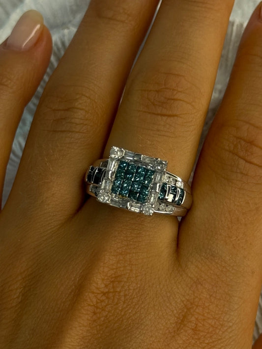 10K White Gold Aquamarine & White Topaz Ring Size 8