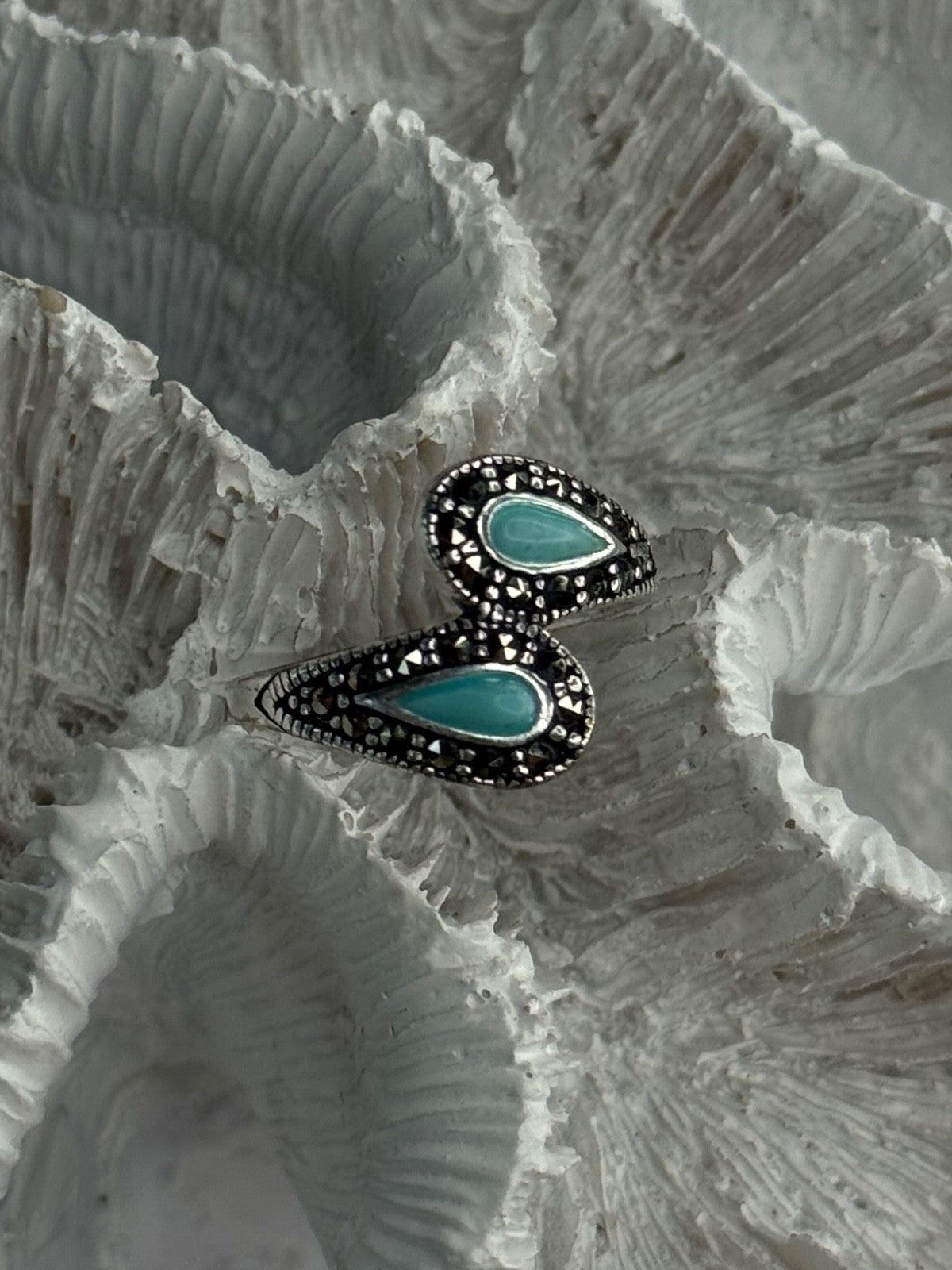 925 Sterling Silver Turquoise & Marcasite Ring Size 7