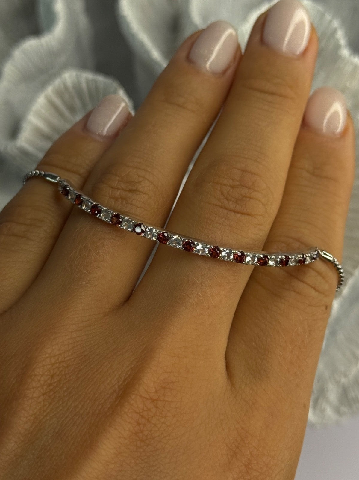 925 Sterling Silver Red & White Spinel Bracelet Sizable