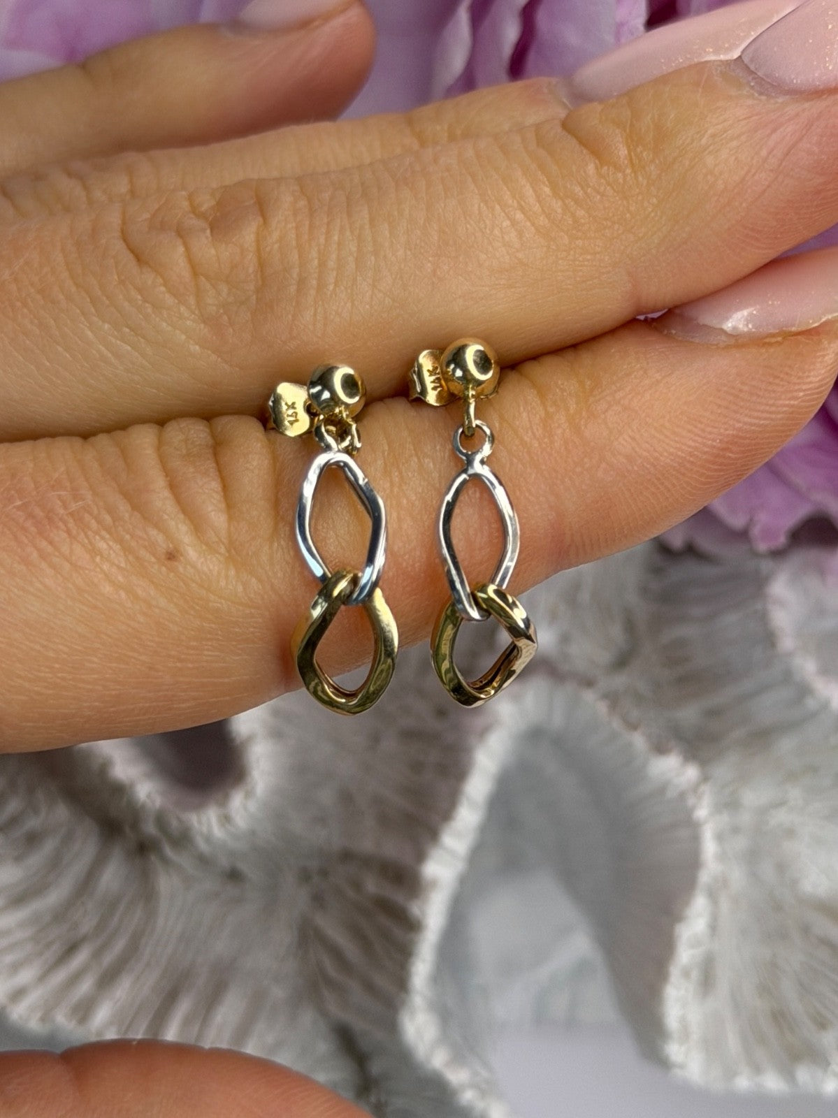 Aesthetic 14K Yellow & White Gold Earrings Length 1 Inch