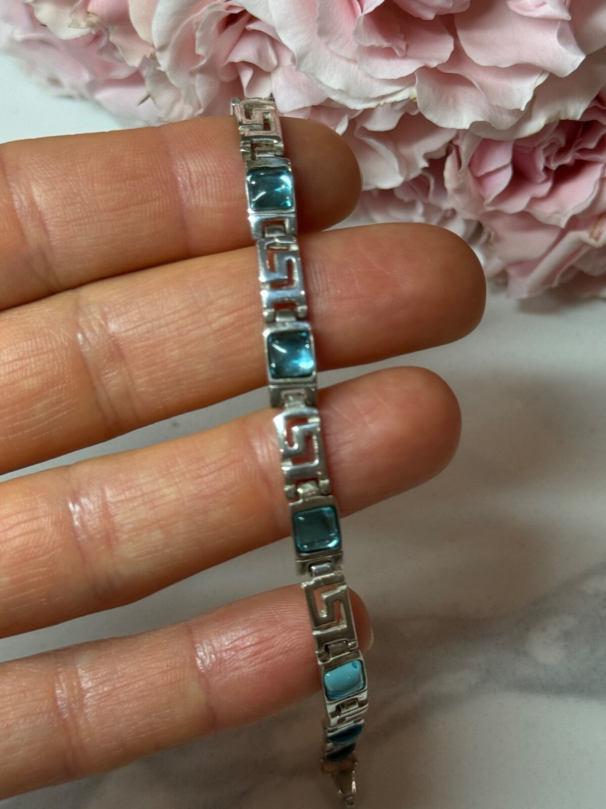 925 Sterling Silver Bracelet Aquamarine Length 7.5 in