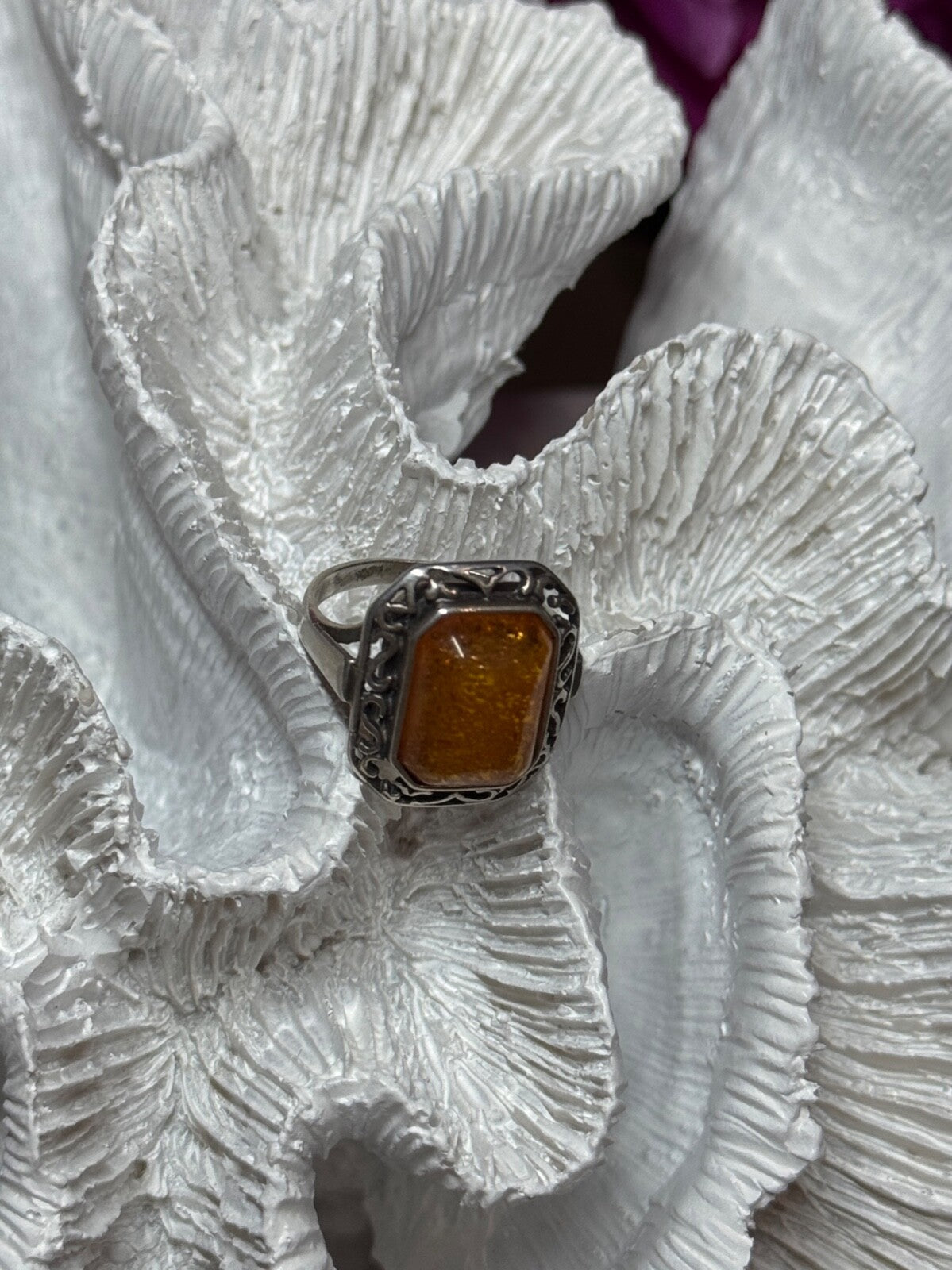 925 Sterling Silver Amber Ring Size 5